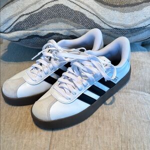 Adidas White and Black Shoes with Tan Accents